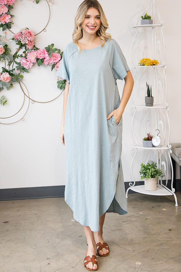 WASHED COTTON SHORT SLEEVE OVERSIZED MIDI DRESS