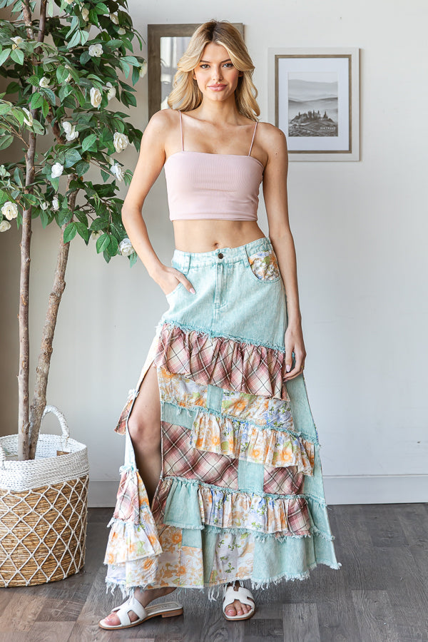 WASHED PLAID FLOWER PATCHWORK SLIT MAXI SKIRT – Oli & Hali