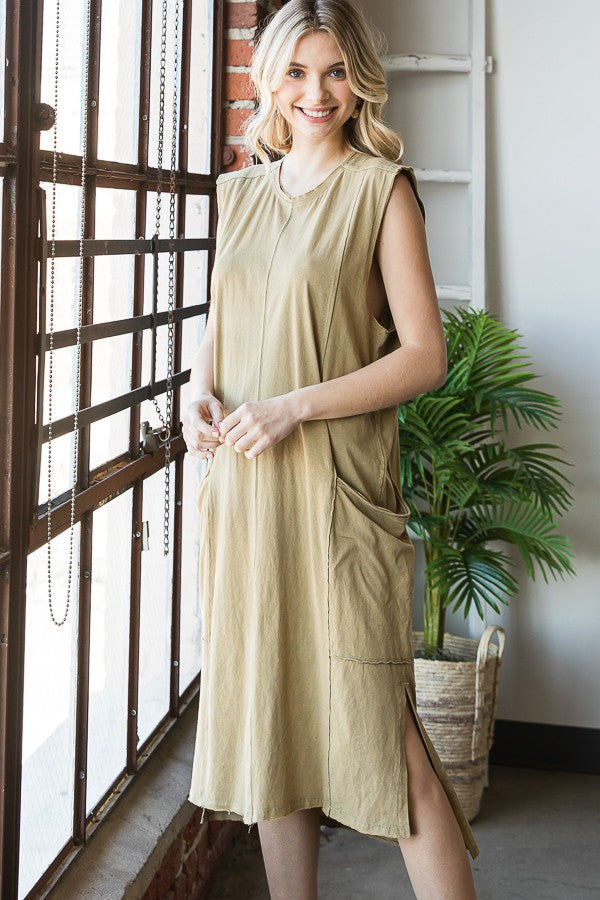 WASHED SLEEVELESS SIDE POCKETS COTTON TUNIC DRESS