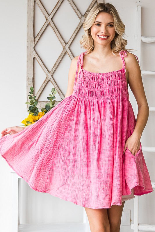 WASHED SMOCKED FRONT TIE SHOULDER TUNIC CAMI
