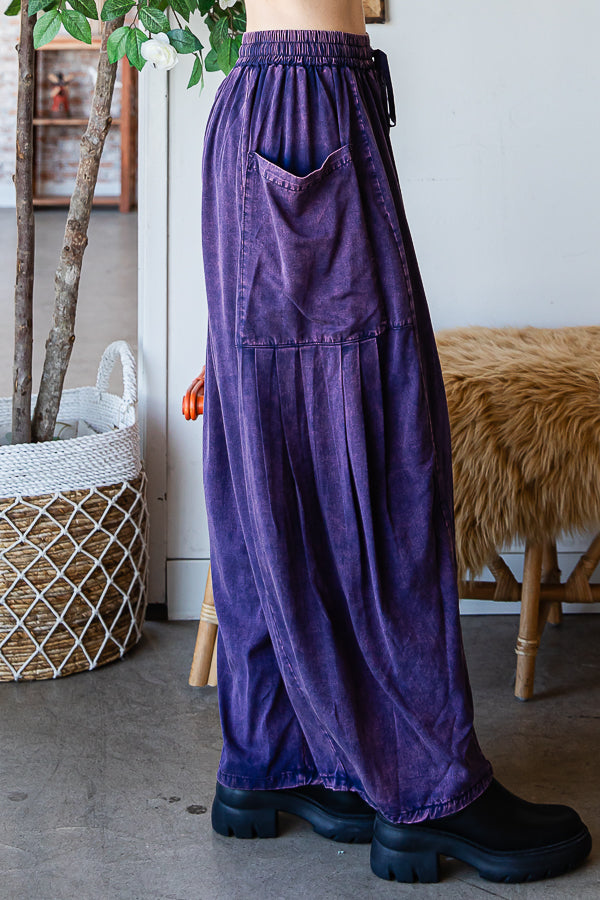 MINERAL WASHED DRAWSTRING WAIST WIDE LEG PANTS