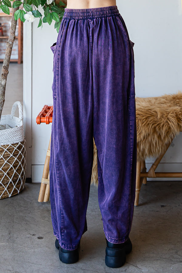 MINERAL WASHED DRAWSTRING WAIST WIDE LEG PANTS