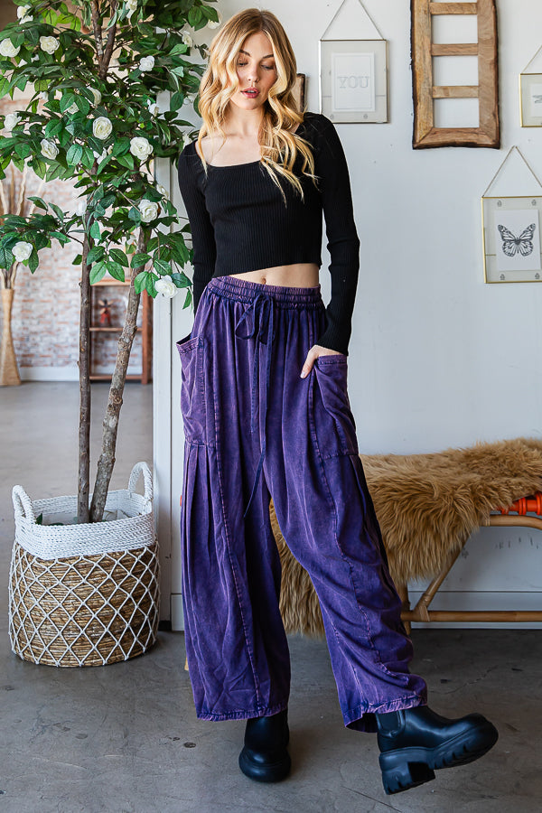 MINERAL WASHED DRAWSTRING WAIST WIDE LEG PANTS