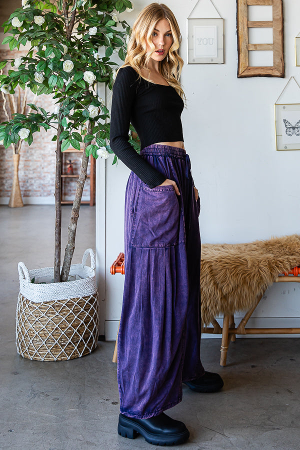 MINERAL WASHED DRAWSTRING WAIST WIDE LEG PANTS