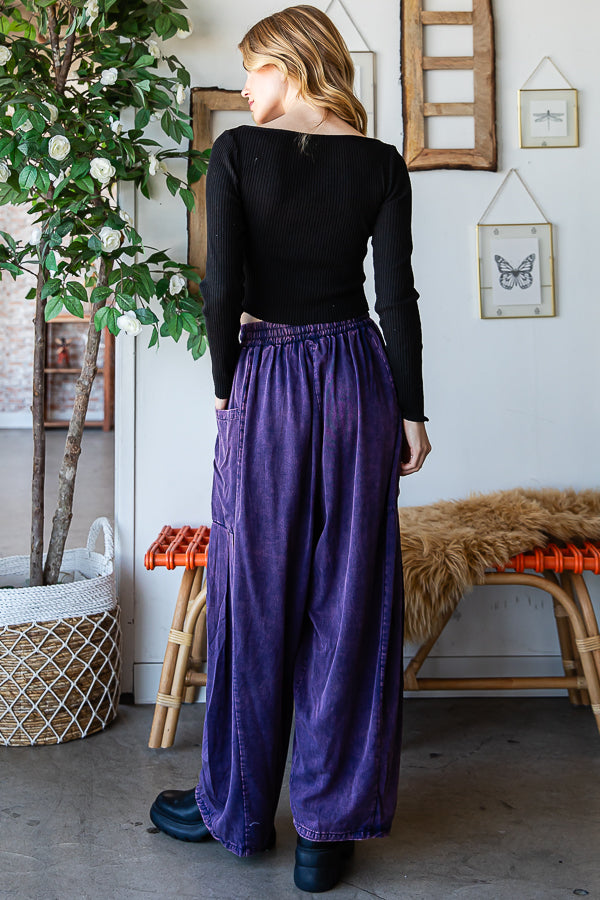 MINERAL WASHED DRAWSTRING WAIST WIDE LEG PANTS