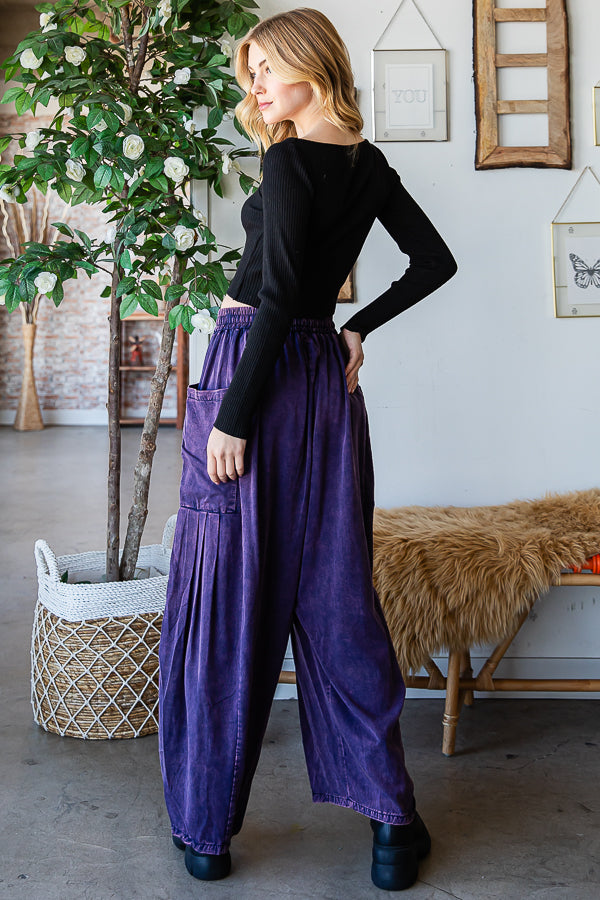 MINERAL WASHED DRAWSTRING WAIST WIDE LEG PANTS