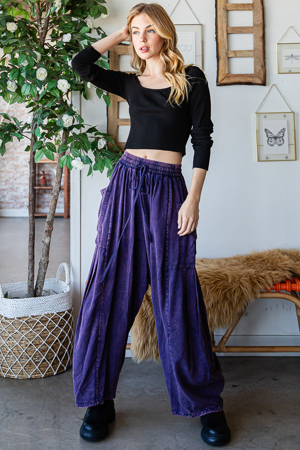 MINERAL WASHED DRAWSTRING WAIST WIDE LEG PANTS