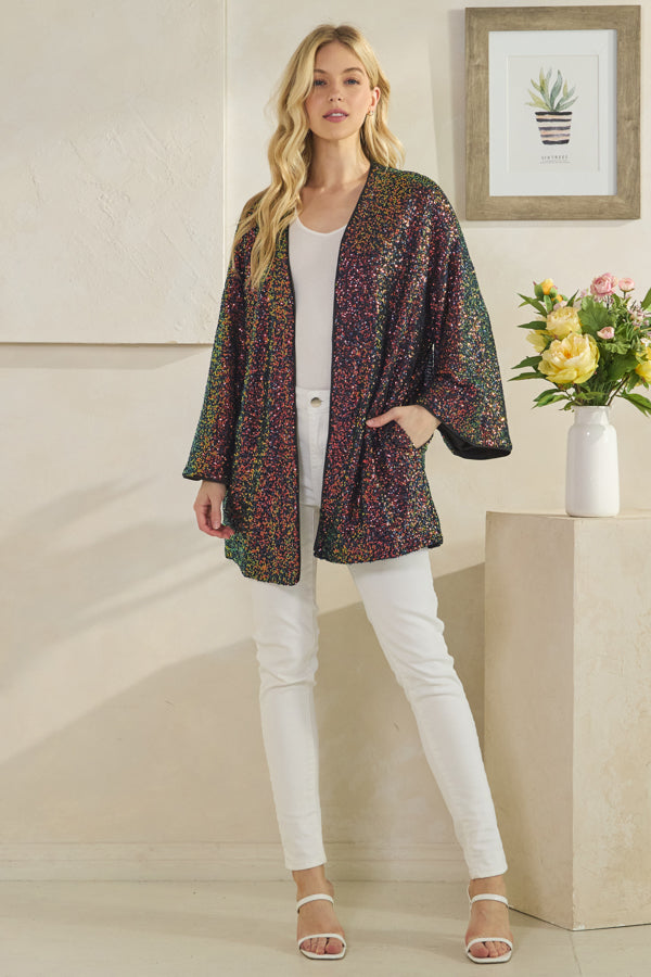 ALLOVER SEQUINS OPEN FRONT LONG SLEEVE KIMONO