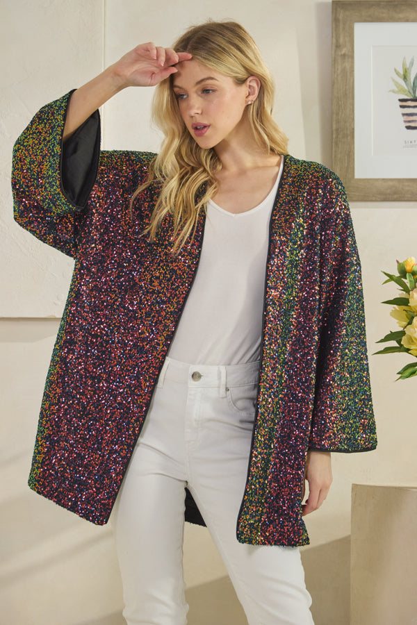 ALLOVER SEQUINS OPEN FRONT LONG SLEEVE KIMONO
