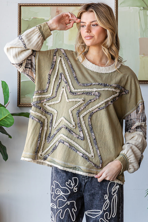 WASHED STAR PATCHWORK LONG SLEEVE KNIT TOP