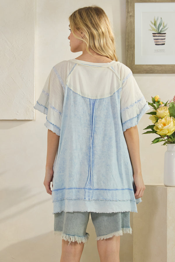 WASHED OVERSIZED WAVY HEM BUTTONED V NECK SHORT SLEEVE TOP