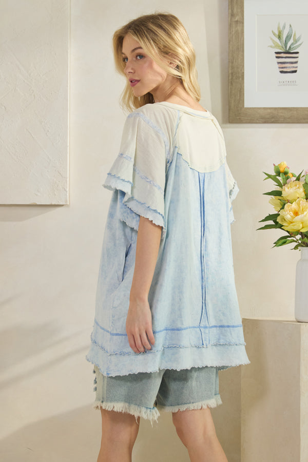 WASHED OVERSIZED WAVY HEM BUTTONED V NECK SHORT SLEEVE TOP