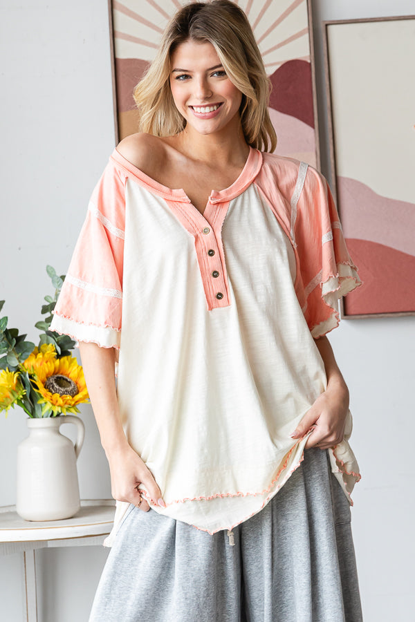 WASHED OVERSIZED WAVY HEM BUTTONED V NECK SHORT SLEEVE TOP