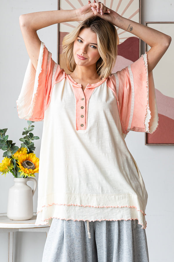 WASHED OVERSIZED WAVY HEM BUTTONED V NECK SHORT SLEEVE TOP