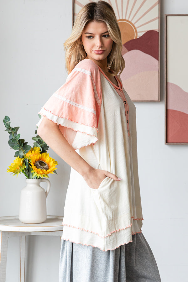 WASHED OVERSIZED WAVY HEM BUTTONED V NECK SHORT SLEEVE TOP