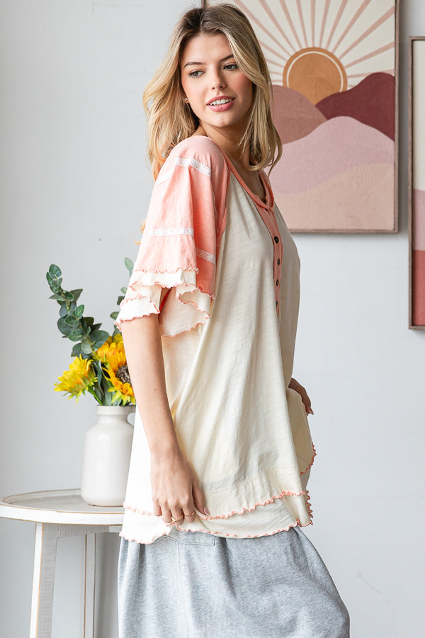 WASHED OVERSIZED WAVY HEM BUTTONED V NECK SHORT SLEEVE TOP