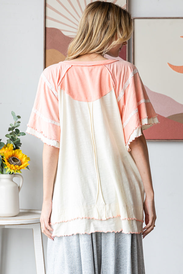 WASHED OVERSIZED WAVY HEM BUTTONED V NECK SHORT SLEEVE TOP