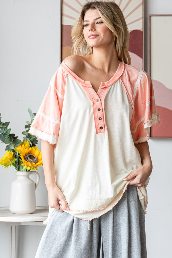 WASHED OVERSIZED WAVY HEM BUTTONED V NECK SHORT SLEEVE TOP