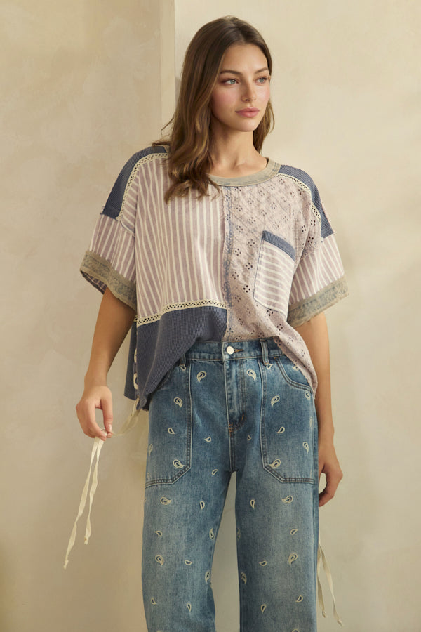 WASHED CROCHET AND STRIPE MIX LACE UP SIDE AND BACK TOP