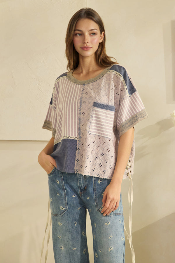 WASHED CROCHET AND STRIPE MIX LACE UP SIDE AND BACK TOP