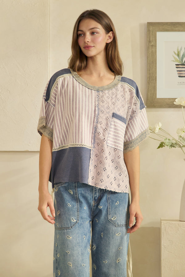 WASHED CROCHET AND STRIPE MIX LACE UP SIDE AND BACK TOP