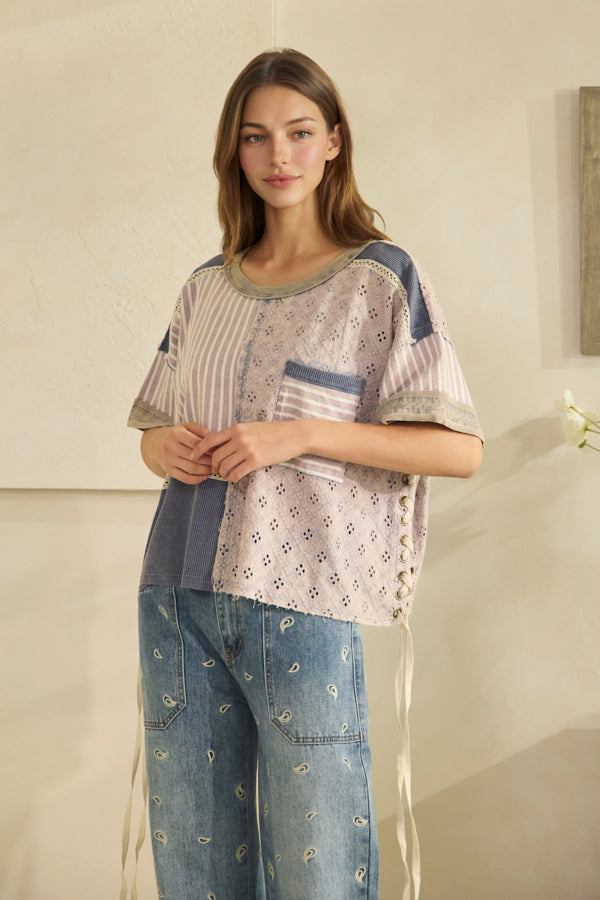 WASHED CROCHET AND STRIPE MIX LACE UP SIDE AND BACK TOP