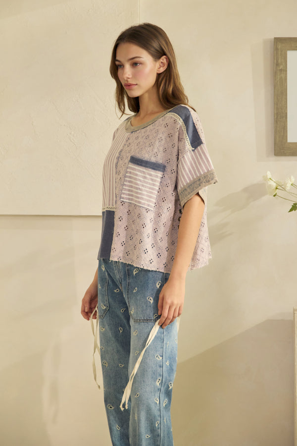 WASHED CROCHET AND STRIPE MIX LACE UP SIDE AND BACK TOP