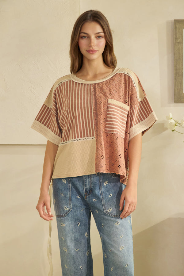 WASHED CROCHET AND STRIPE MIX LACE UP SIDE AND BACK TOP
