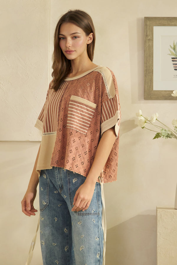 WASHED CROCHET AND STRIPE MIX LACE UP SIDE AND BACK TOP