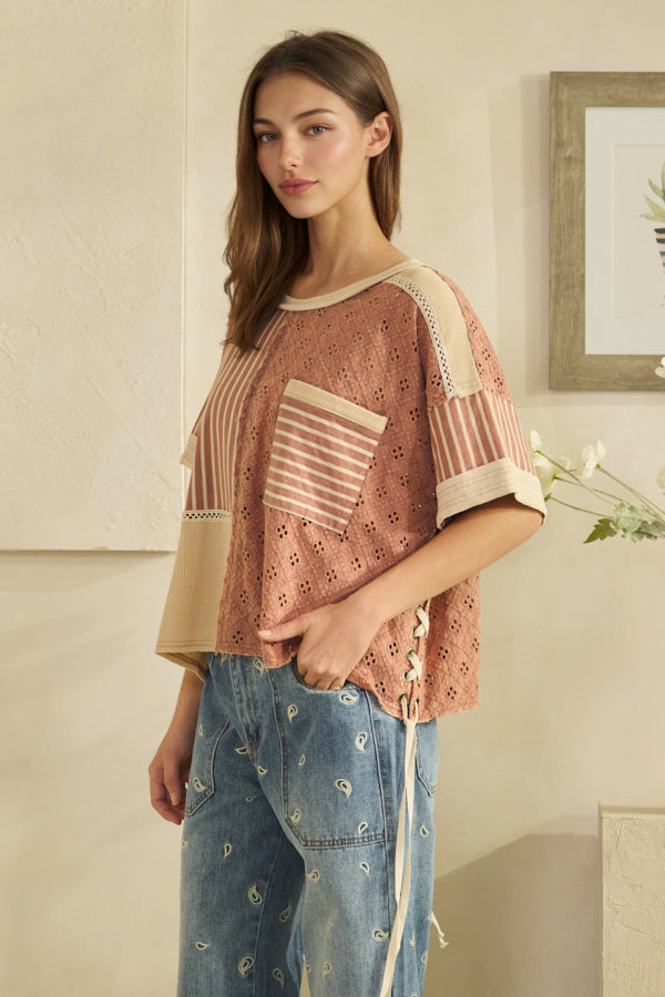 WASHED CROCHET AND STRIPE MIX LACE UP SIDE AND BACK TOP
