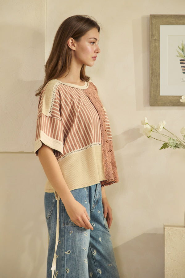 WASHED CROCHET AND STRIPE MIX LACE UP SIDE AND BACK TOP