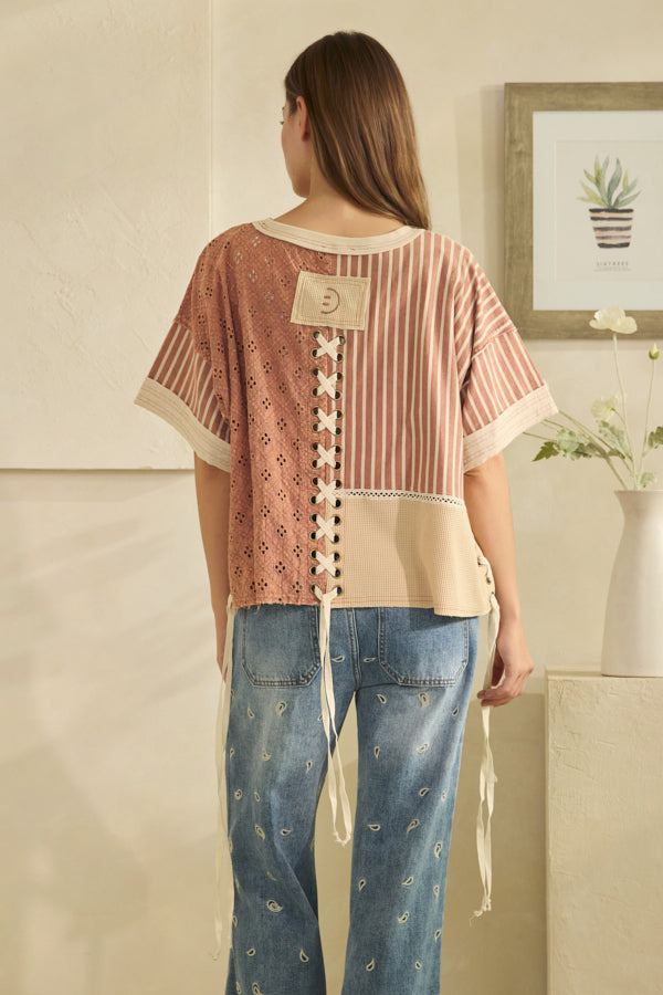 WASHED CROCHET AND STRIPE MIX LACE UP SIDE AND BACK TOP