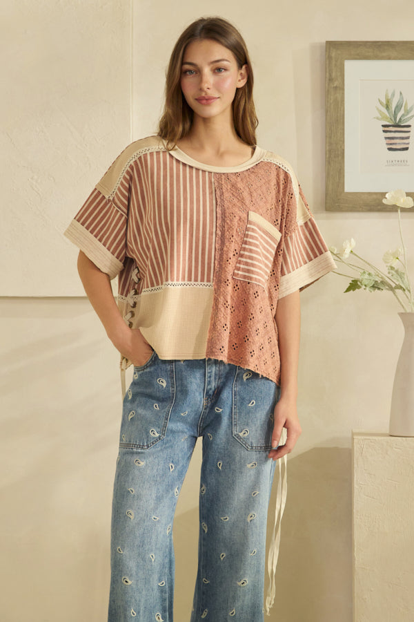 WASHED CROCHET AND STRIPE MIX LACE UP SIDE AND BACK TOP
