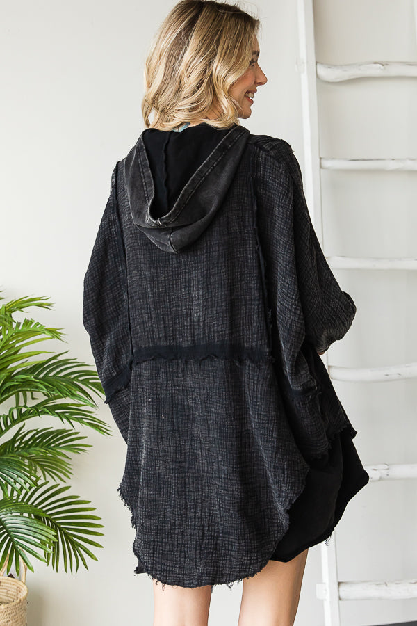 MINIERAL WASHED LAYERED HEM HOODED GAUZE SHIRT