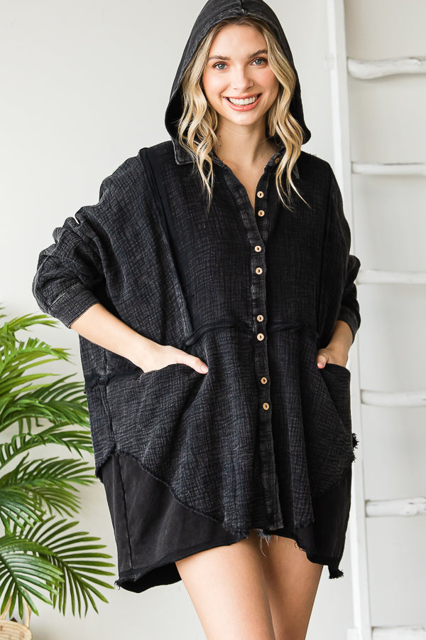 MINIERAL WASHED LAYERED HEM HOODED GAUZE SHIRT