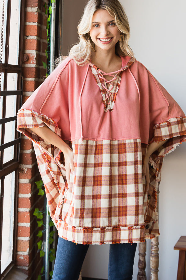 WASHED PLAID HOODED BUTTON PULLOVER PONCHO