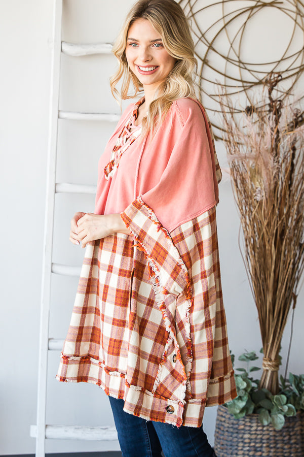 WASHED PLAID HOODED BUTTON PULLOVER PONCHO