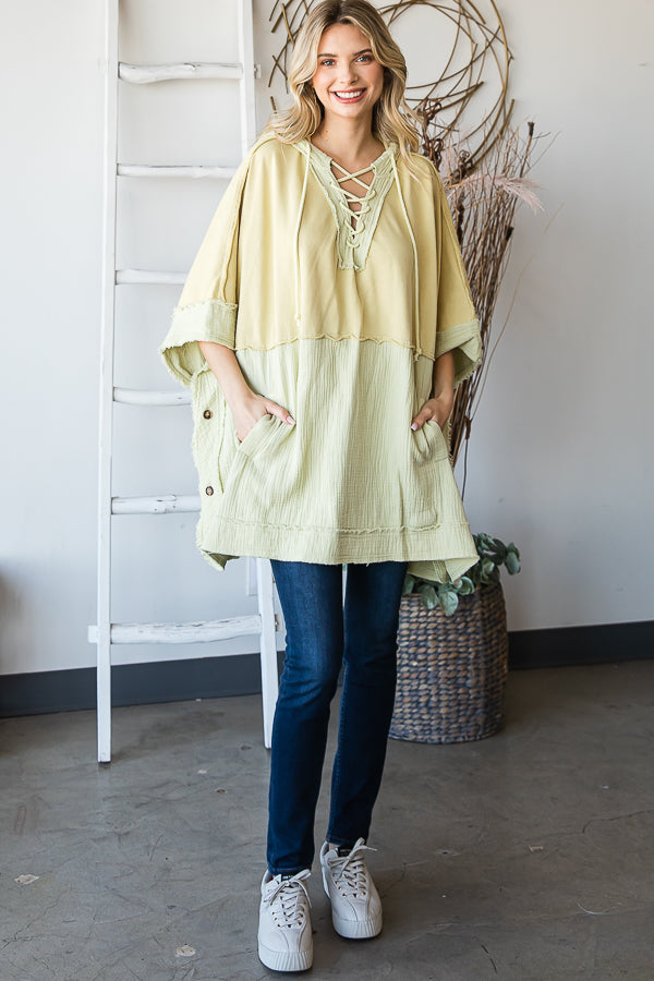 WASHED HOODED BUTTON DETAIL PULLOVER PONCHO