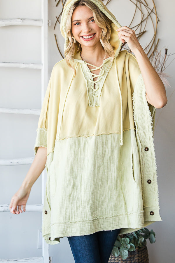 WASHED HOODED BUTTON DETAIL PULLOVER PONCHO