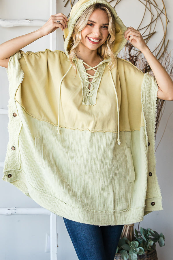 WASHED HOODED BUTTON DETAIL PULLOVER PONCHO