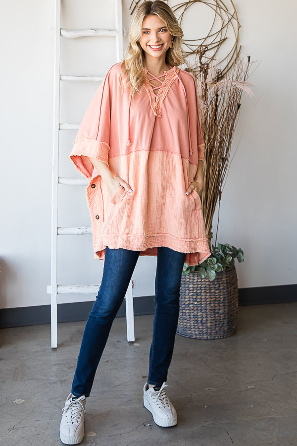 WASHED HOODED BUTTON DETAIL PULLOVER PONCHO