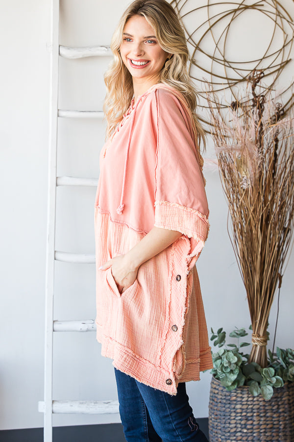 WASHED HOODED BUTTON DETAIL PULLOVER PONCHO