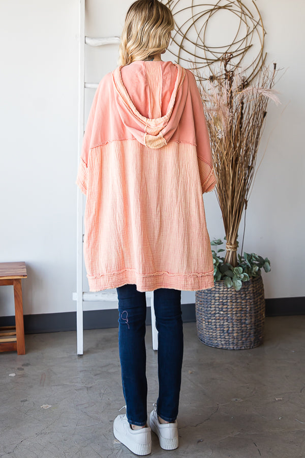 WASHED HOODED BUTTON DETAIL PULLOVER PONCHO