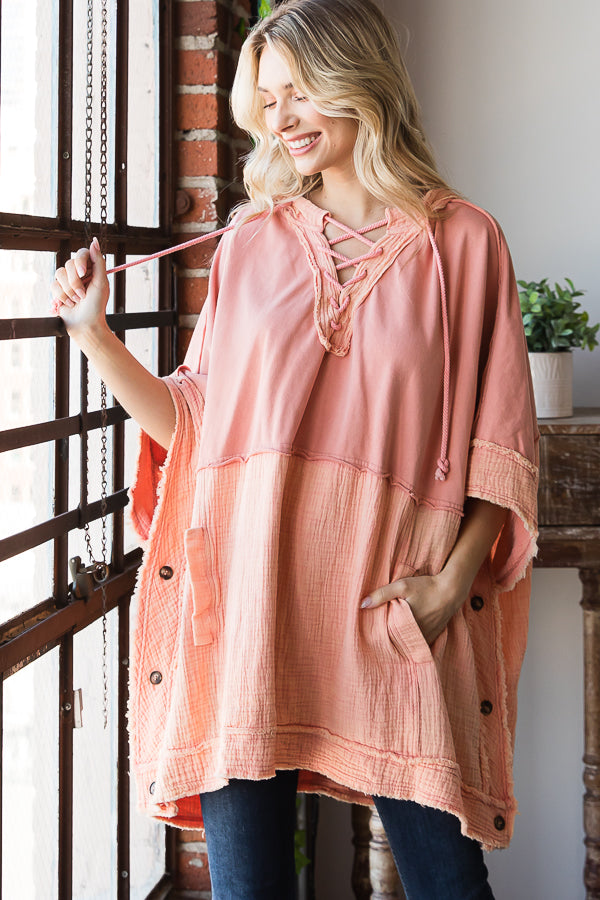 WASHED HOODED BUTTON DETAIL PULLOVER PONCHO