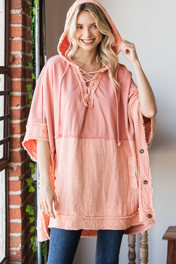 WASHED HOODED BUTTON DETAIL PULLOVER PONCHO