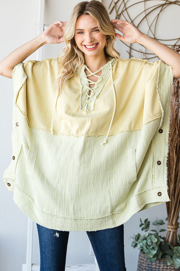 WASHED HOODED BUTTON DETAIL PULLOVER PONCHO