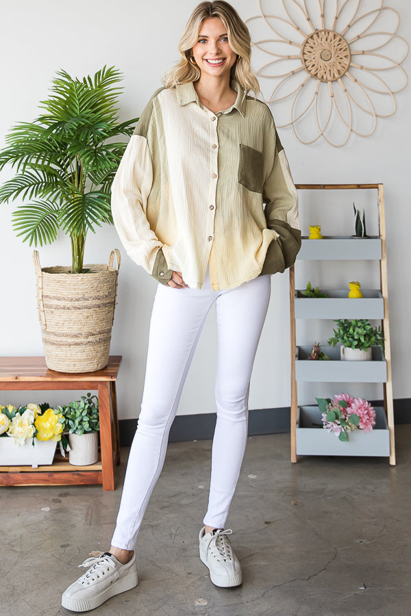 WASHED COLORBLOCK BUTTON DOWN SHIRT