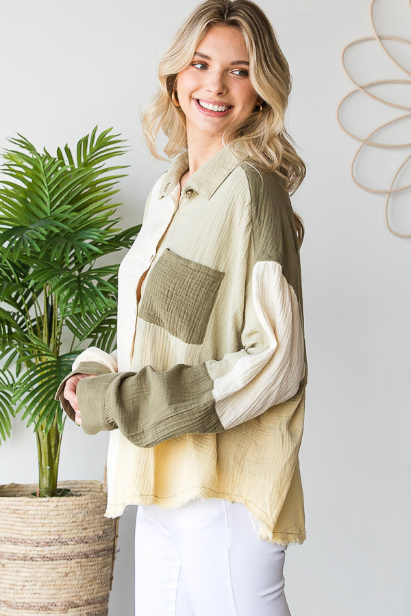 WASHED COLORBLOCK BUTTON DOWN SHIRT