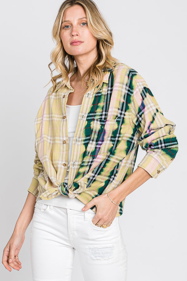 BLEACHED DETAIL FRONT POCKET DETAIL PLAID SHIRT
