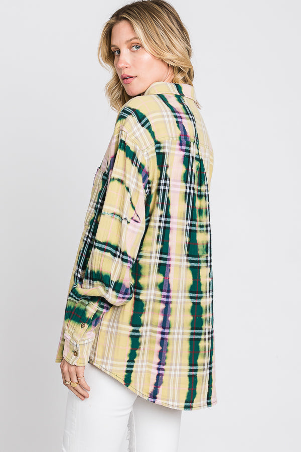 BLEACHED DETAIL FRONT POCKET DETAIL PLAID SHIRT